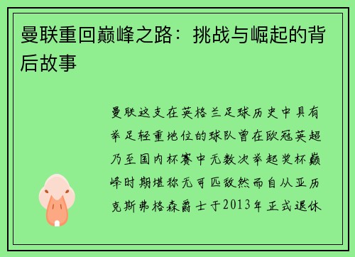 曼联重回巅峰之路：挑战与崛起的背后故事